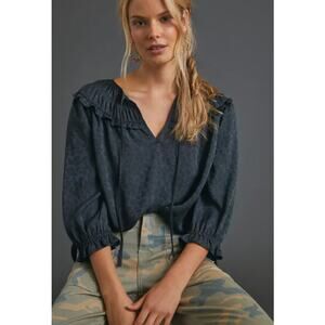 SALE Anthropologie Current Air Southwark Shirred Top Gray Floral Peasant Medium